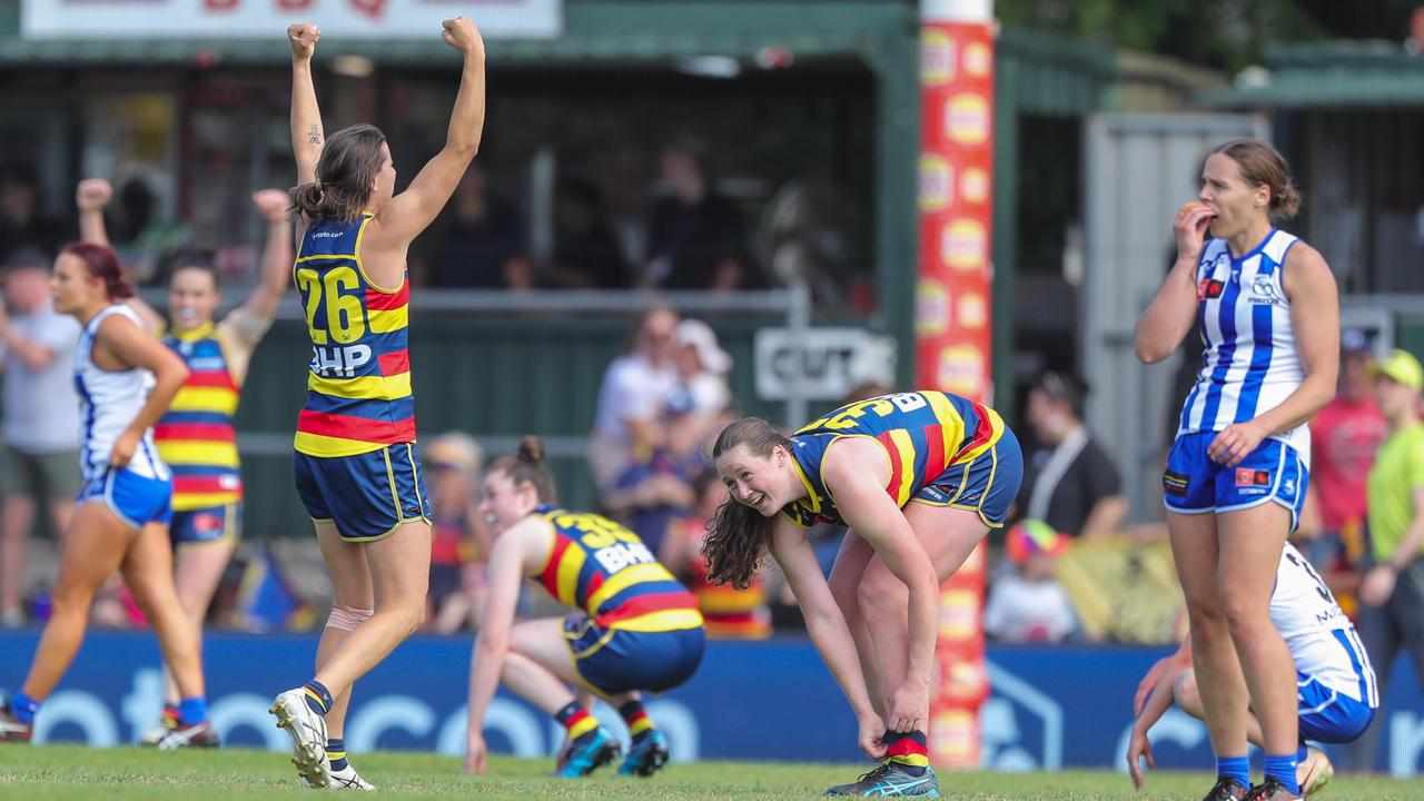 Adelaide players celebrate their win over North Melbourne.