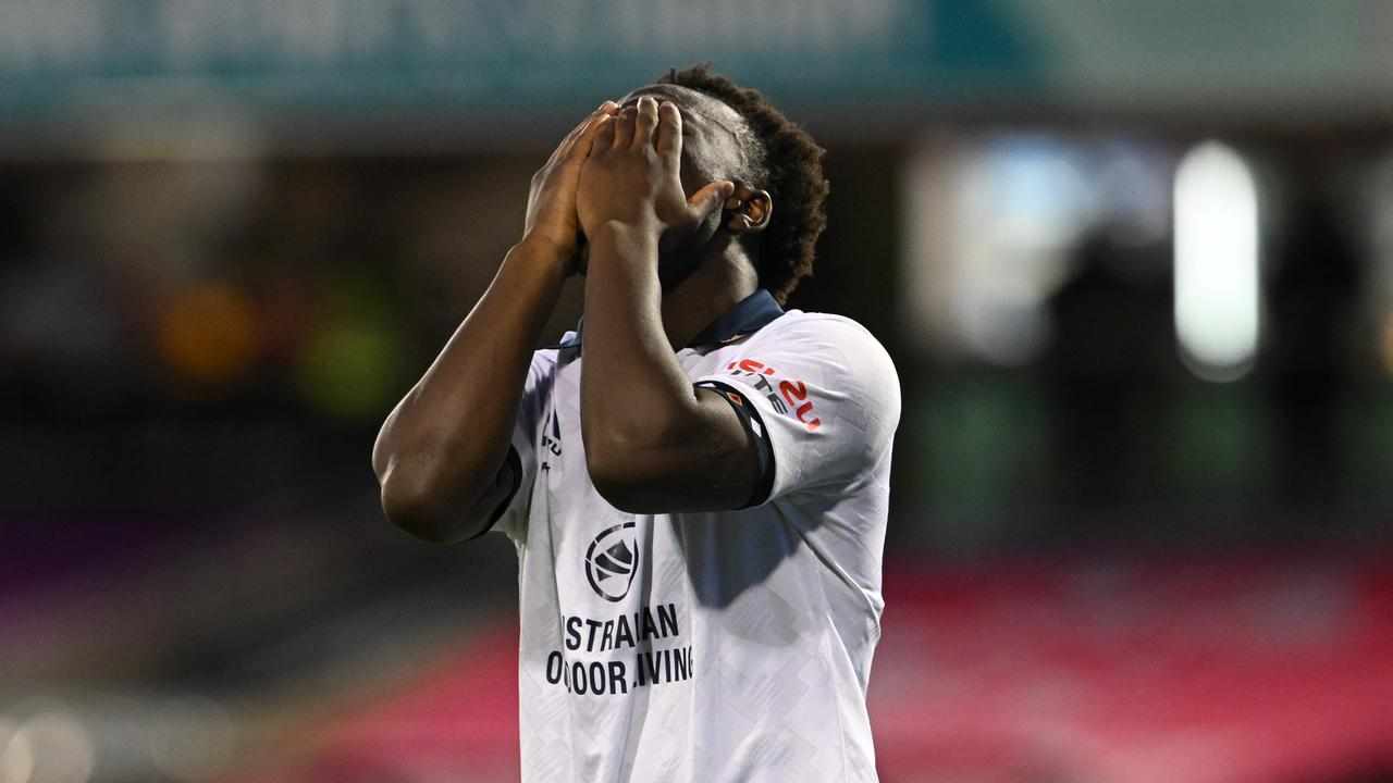 Adelaide's Nestory Irankunda reacts to a decision against Macarthur FC