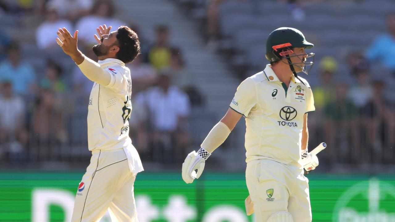 Pakistan's Aamir Jamal celebrates the wicket of Travis Head.