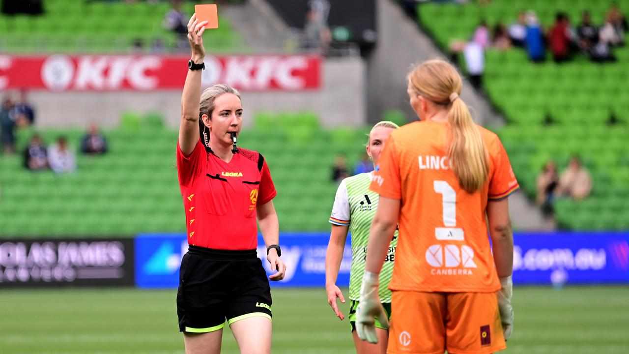 Georgia Ghirardello sends off Canberra United goalkeeper Chloe Lincoln