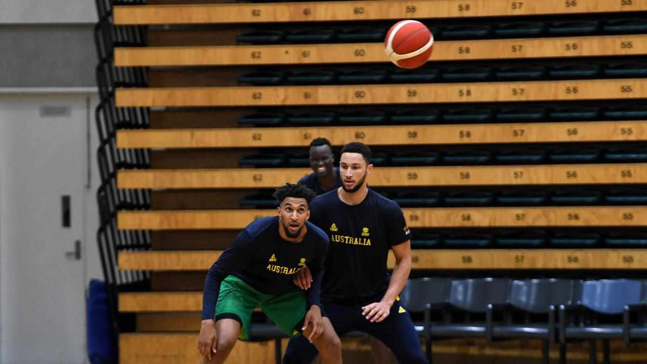 Ben Simmons (right) during a Boomers training camp in 2019.