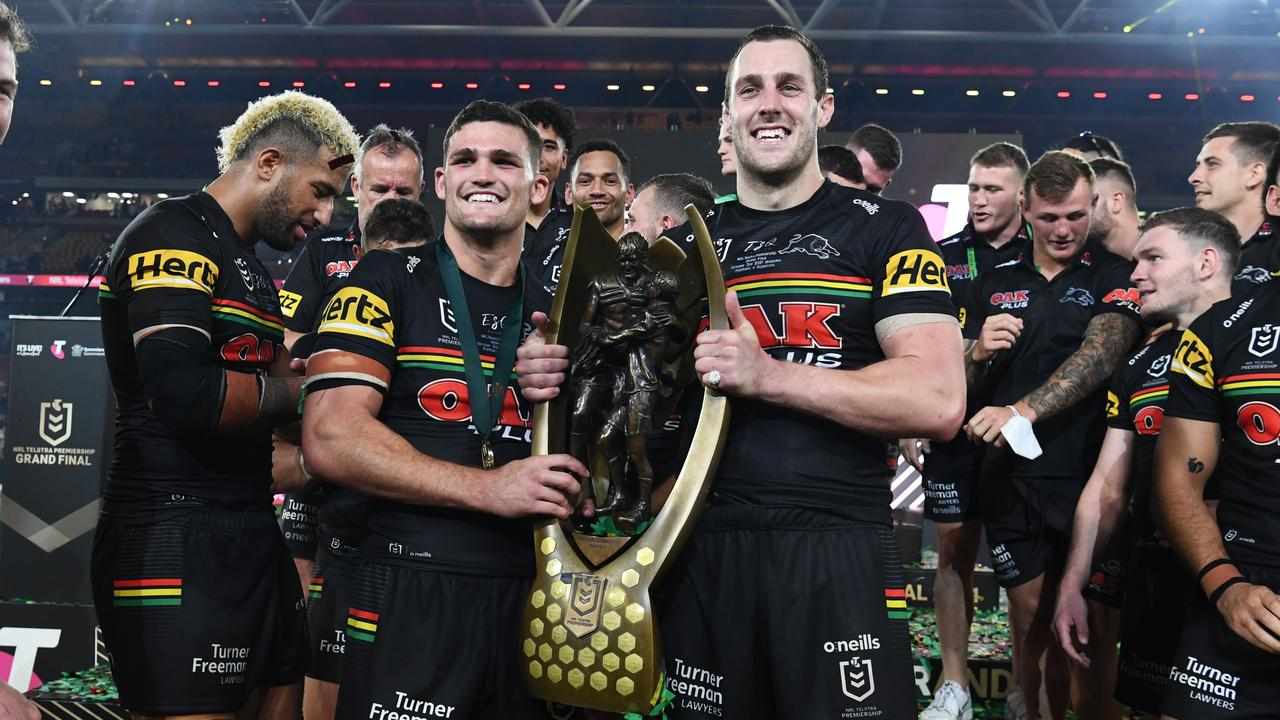 Nathan Cleary and Isaah Yeo with the trophy after the 2021 grand final