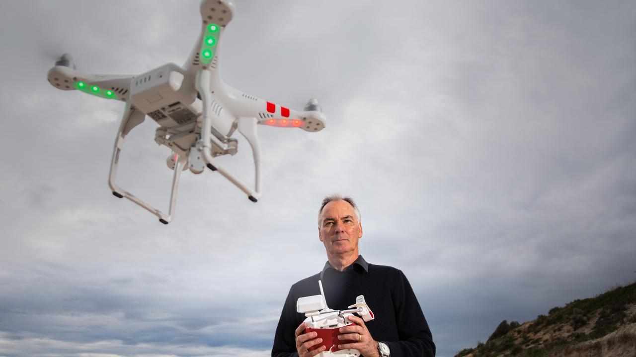 Flinders University professor Patrick Hesp launches a research drone