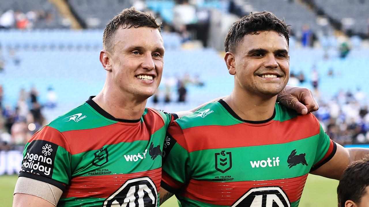 Jack Wighton (left) and Latrell Mitchell (right) of South Sydney. 