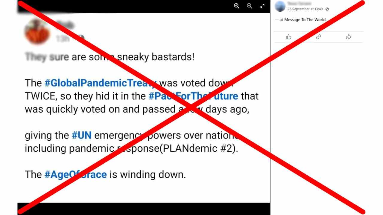 Facebook post claiming Pact for the Future hides emergency UN powers.